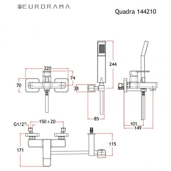 Μπαταρία Λουτρού Eurorama Quadra Chrome 144210-100 Χρωμέ 